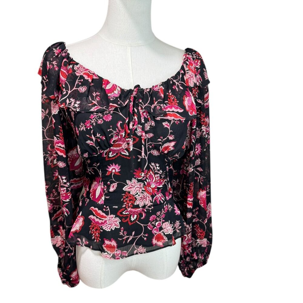 Jessica Simpson Ruffle Sleeve Blouse Pink floral on black  – NWT – Size XS